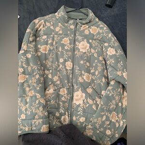 Forever 21 Floral Puffer Jacket - Green and Beige